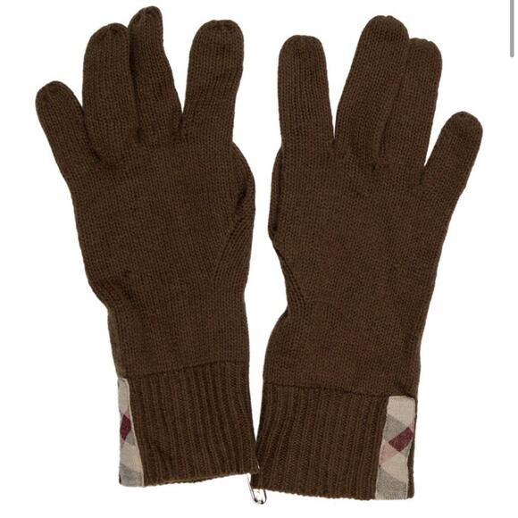 Burberry Brown Wool Knit Gloves with Burberry House チェック 詳細 